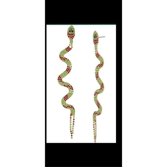 Betsy Johnson whimsical snake linear drop earrings, made with cut glass and gems - Picture 5 of 11